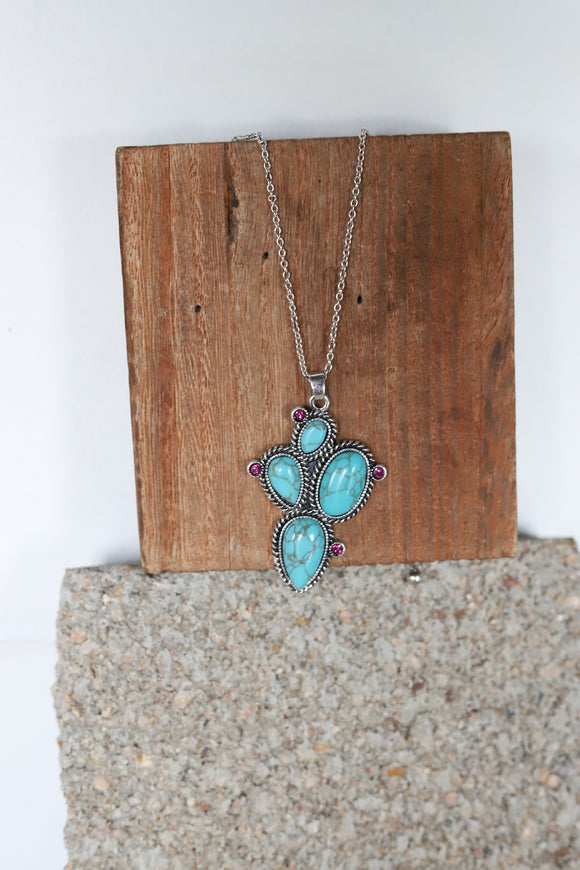 0847 H114 TURQUOISE CACTUS SHAPE NECKLACE WITH PINK RINE STONES