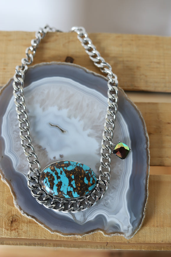 0969 H130 TURQUOISE WESTERN LARGE STONE NECKLACE W/ AB CRYS