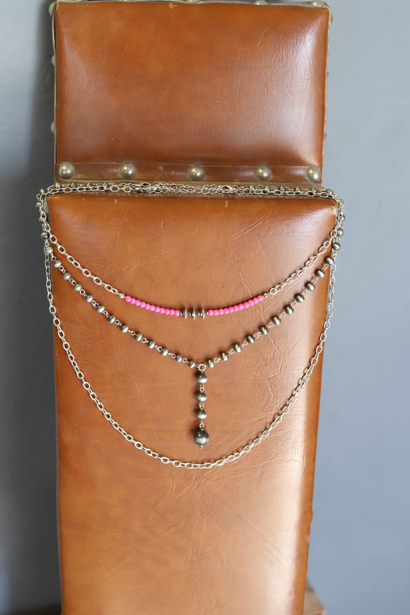 0966 H154 PINK TRIPLE LAYER NECKLACE W/ PEARLS