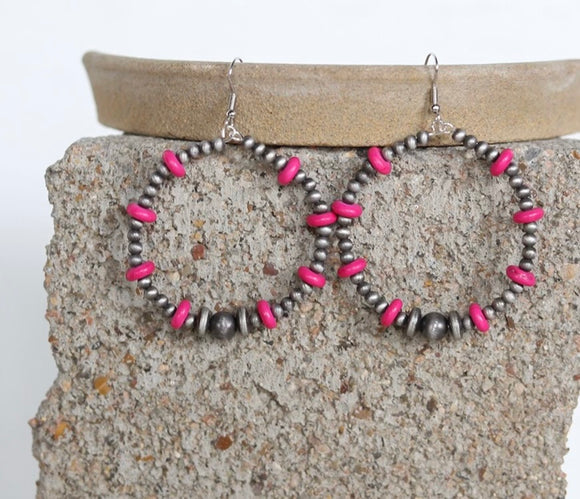1615 H197 FAUX SILVER BEADS W/ HOT PINK CYLINDER STONE HOOP EARRING