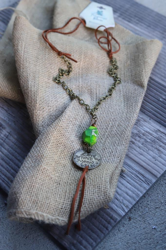 51943 Green Stone and Love Charm Necklace