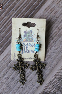 32057 E1-17 Turquoise and Antique Gold Cross Earring